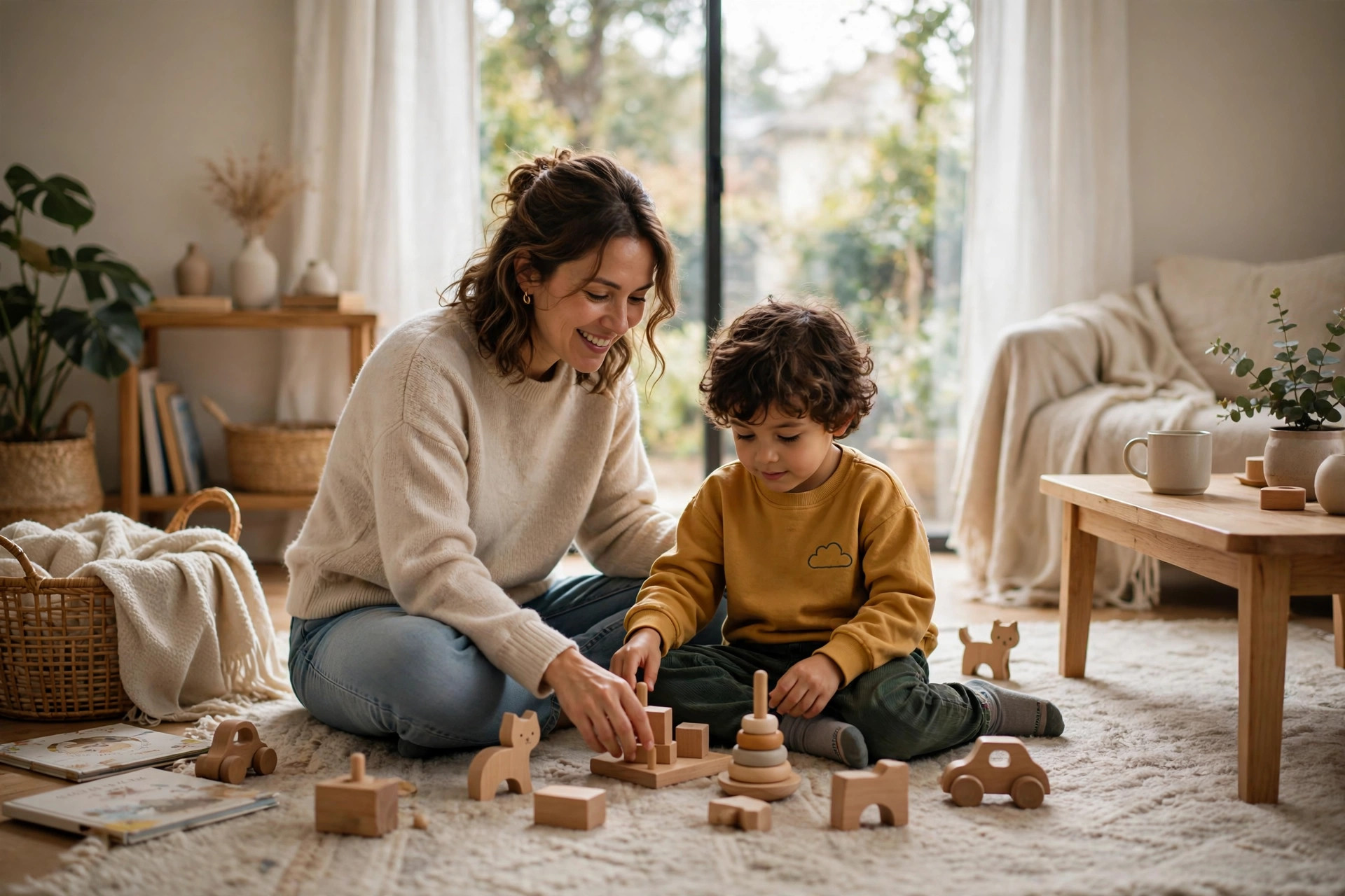A parent and child playing together with wooden toys in a bright, welcoming room