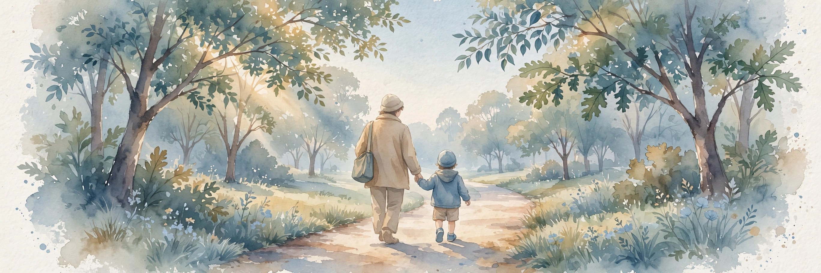 A parent and child walking hand in hand along a peaceful park path
